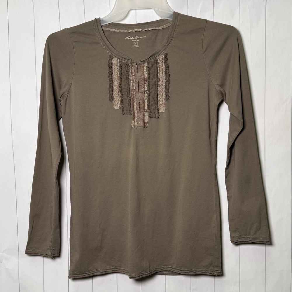 Eddie Bauer Light Brown Cotton Ruffle Embroidered Neckline Blouse Top Boho M